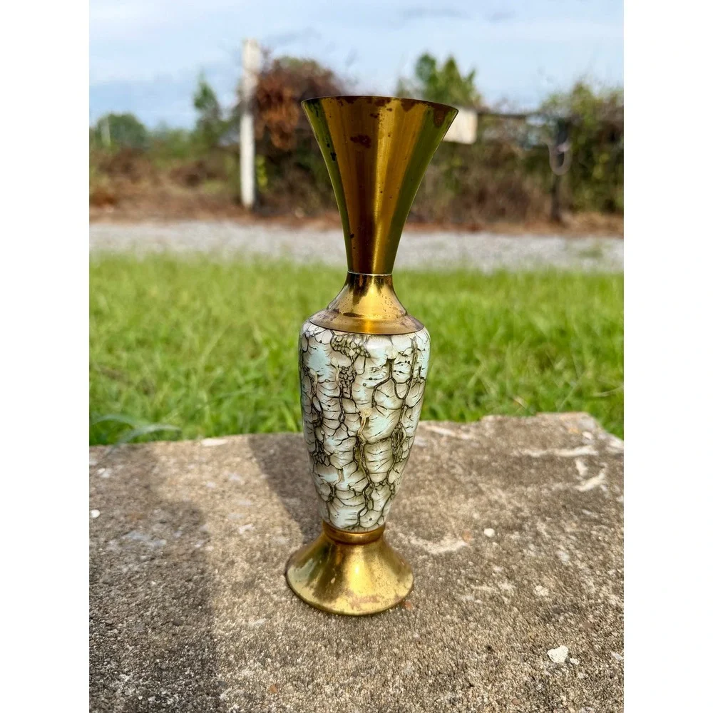 Vintage Old Dutch Delft Brass and Crackle Glaze Bud Vase Made in Holland 8 inch